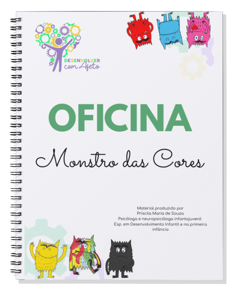 Mockup do material Oficina Monstro das Cores em PDF, mostrando a capa e páginas do roteiro